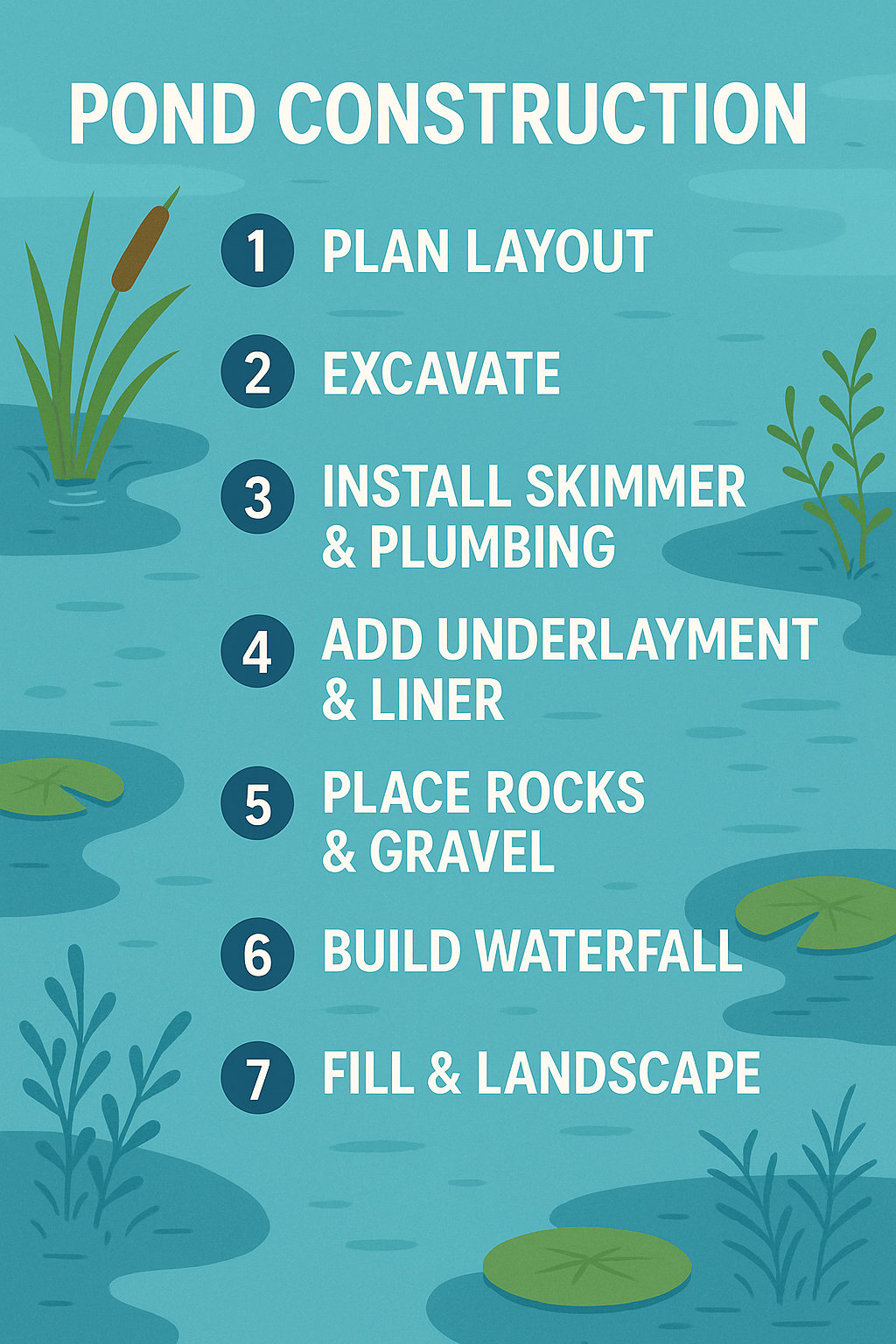 7 steps to pond construction illustrated guide with plan layout, excavate, add underlayment, install liner, place rocks, fill pond, and add plants
